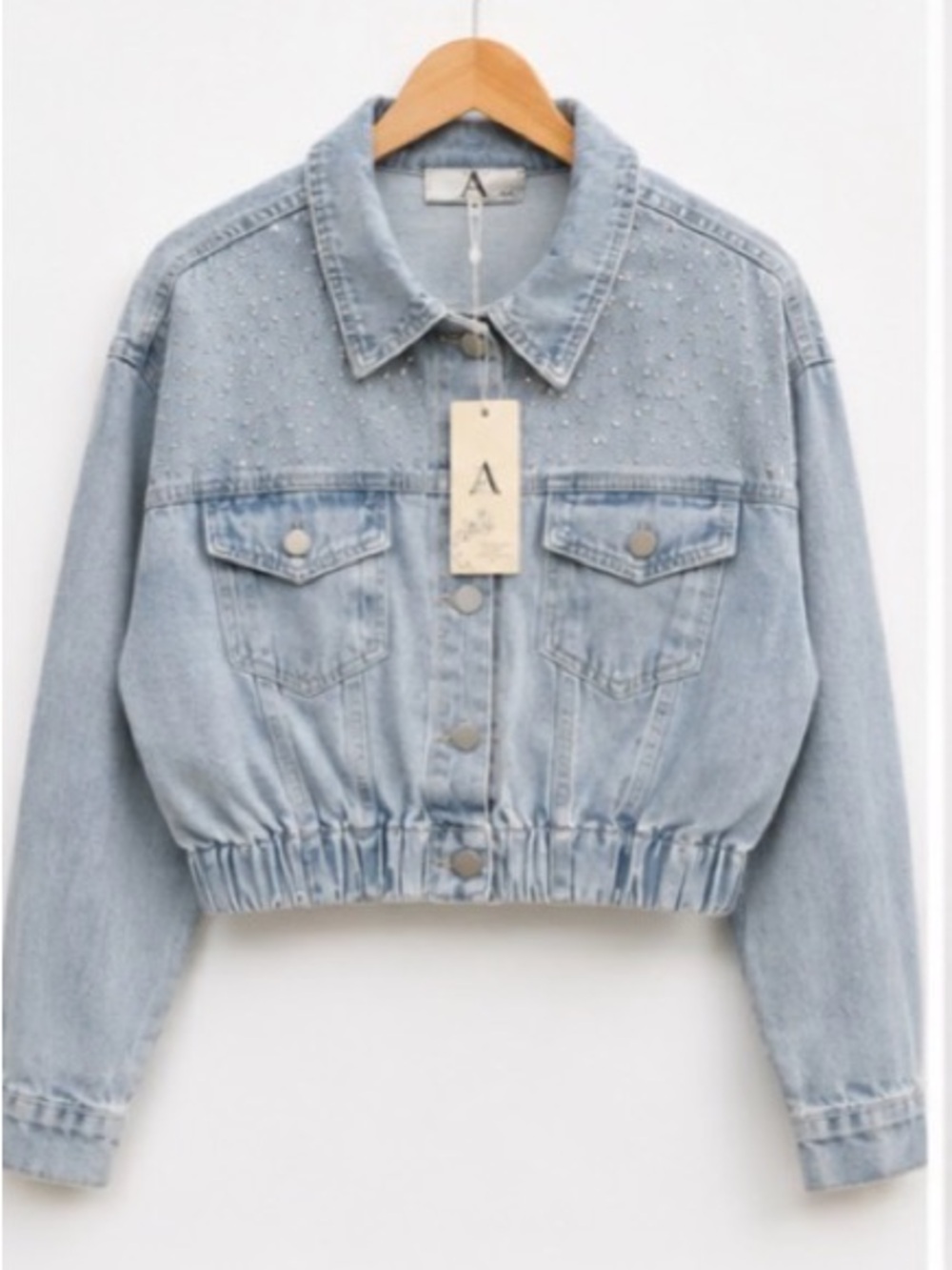 AZ NWT Rhinestone Embellished Cropped Denim Jacket S/M Light Wash